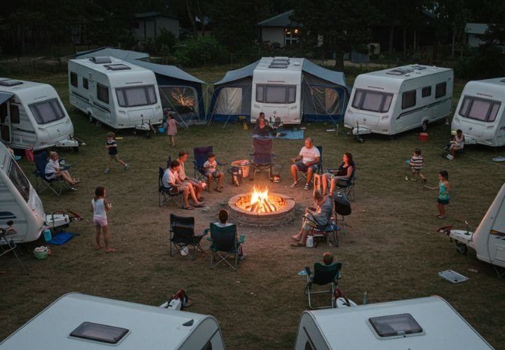 A group of caravans parked in a circle at a campsite, with people socializing around a central campfire, children playing, and a sense of community.