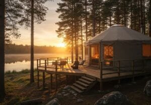 Yurt with large windows and a deck, located near a forest and lake, offering views of the sunrise and a tranquil environment for relaxation.