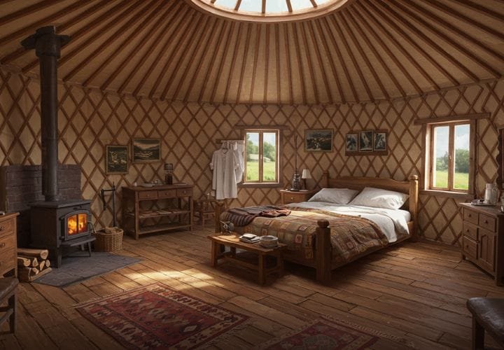 Luxurious yurt interior with a modern kitchen, bathroom, and cozy furnishings, blending traditional round design with modern amenities