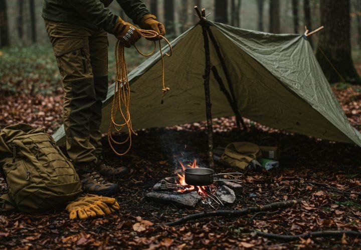 Person setting up a tarp shelter in the forest with survival gear nearby, including a bug-out bag, a campfire, and durable protective gloves.