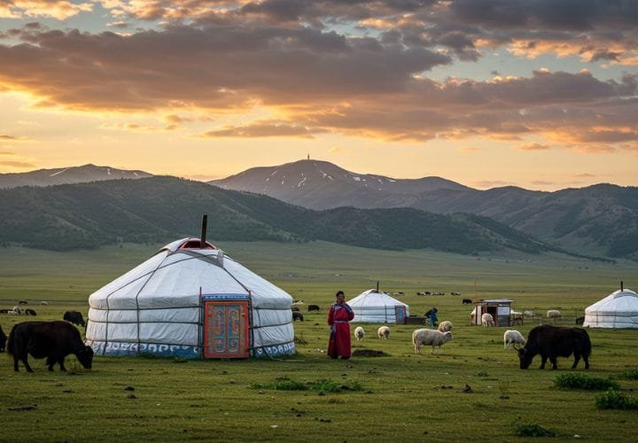Traditional Mongolian yurt surrounded by grazing animals in a countryside setting, with nomads in traditional attire and mountains in the background.
