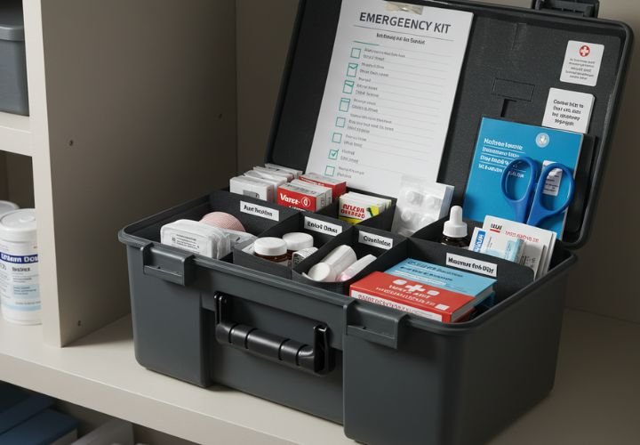 4K image of an organized emergency medical kit stored in a waterproof container, with labeled compartments for medical supplies and a checklist for maintenance.