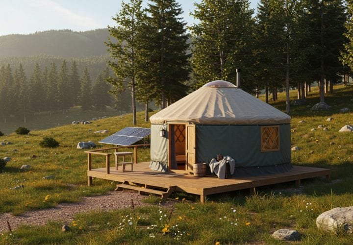 Traditional yurt set in a scenic plain, surrounded by grass and mountains, with a nomadic family sitting outside, showcasing the cultural history of yurt living.