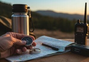 Close-up of a hand holding a compass and map on a wooden surface with a metallic water bottle and emergency radio in the background.