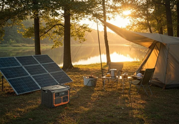 Solar generator with panels set up at a campsite, near a tent and chairs, with trees and a lake in the background during sunrise." 2. Components of a Solar Generator System Título SEO: Solar-Generator-System-Components-Explained Descrição SEO: "Learn about the main components of a solar generator system, including solar panels, batteries, inverters, and charge controllers, neatly displayed on a table with natural sunlight." Alt Text SEO: "Solar panels, battery, inverter, and charge controller arranged on a table, with sunlight highlighting the components of a solar generator system." 3. Solar Generator in an Off-Grid Cabin Título SEO: Off-Grid-Solar-Generator-Powering-a-Cabin Descrição SEO: "Explore the use of solar generators in off-grid cabins. This image highlights a generator and solar panels providing sustainable energy in a peaceful, remote setting." Alt Text SEO: "Solar generator placed next to an off-grid cabin with solar panels on the roof, surrounded by greenery and a sustainable environment." 4. Portable Solar Generator on a Hiking Trail Título SEO: Portable-Solar-Generator-for-Hiking-Adventures Descrição SEO: "Experience the portability of solar generators on hiking trips. This image shows a generator and foldable panels on a grassy trail with mountains in the background." Alt Text SEO: "Portable solar generator with foldable panels set on a grassy hiking trail, with mountains and a person resting nearby." 5. Family Using a Solar Generator in Their Backyard Título SEO: Family-Backyard-Solar-Generator-Energy-Savings Descrição SEO: "See how solar generators power backyard activities. This image shows a family using a generator to light up LED string lights with children playing nearby at sunset." Alt Text SEO: "Family using a solar generator to power LED lights in their backyard, with solar panels on the grass and children playing at sunset." Se precisar ajustar algum detalhe ou adicionar mais elementos, é só avisar!