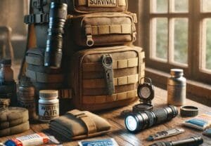 Tactical backpack on rugged terrain at dawn, with survival essentials including a stainless steel water bottle, food bars, a flashlight, and a portable radio.