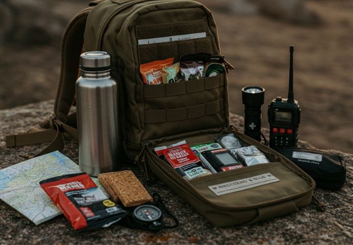 Open bug-out bag on a wooden table with survival essentials inside, surrounded by water purification tablets and medicine bottles.
