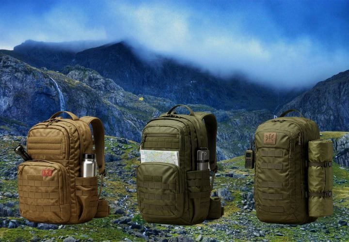 Three Bug Out Bags (BOB) side by side, showcasing a rugged tactical backpack with survival gear, a discreet urban-style backpack with a map and radio, and a compact hiking backpack with a tarp and survival tabs. Each bag is detailed under natural lighting.