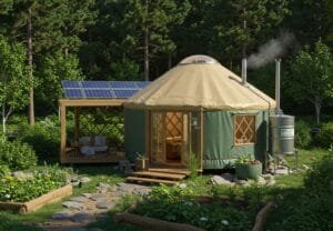 Modern yurt with a fabric-covered exterior in a forest clearing, featuring a cozy interior with wooden flooring, furniture, and a skylight.