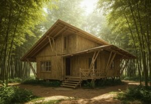A bamboo house with a sloped roof and bamboo walls, nestled in a green environment, emphasizing sustainable architecture and natural materials.