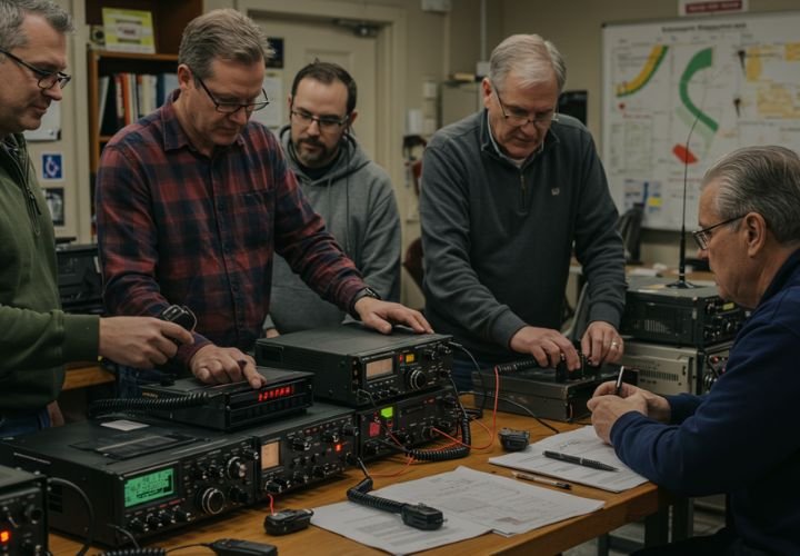 Ham radio operators in a community setting, working together to build their communication network and improve emergency response skills.