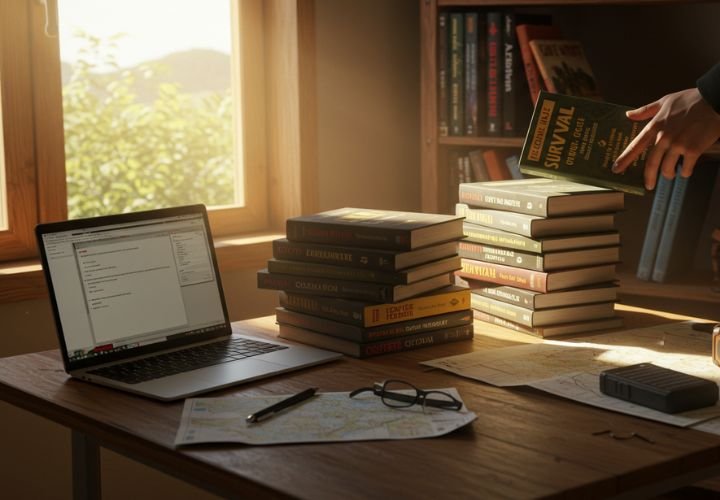 Person choosing essential survival books, organizing a stack of the most useful ones on a sunlit wooden table.
