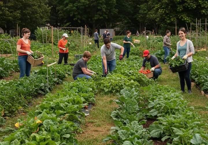 Residents of an ecovillage harvesting leafy greens and fresh produce from a large community garden.