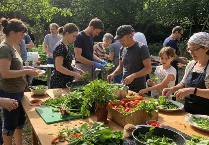 People preparing food together outdoors in an ecovillage, surrounded by fresh vegetables and a green environment.