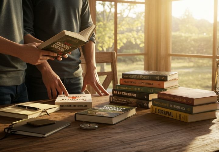 Couple examining survival books on a wooden table, deciding which essential guides to keep for self-sufficiency.