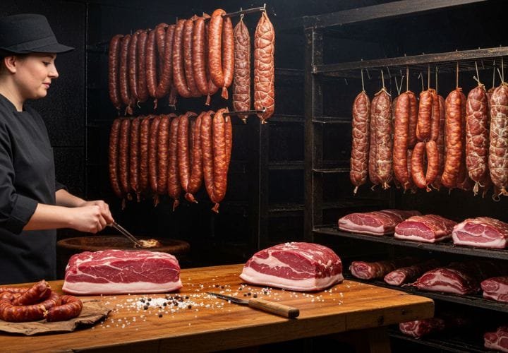 smokehouse with racks of smoked sausages and cured meats hanging, and a person salting a slab of meat on a wooden table.