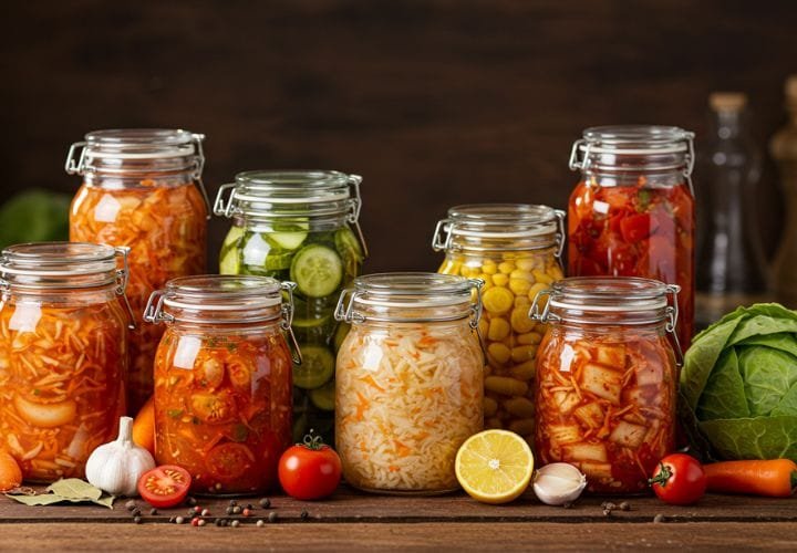 A table featuring jars of kimchi, sauerkraut, kombucha, yogurt, and sourdough bread, beautifully arranged with fresh vegetables.