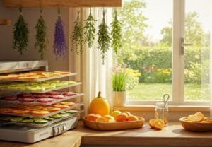 food dehydrator with trays of sliced fruits and vegetables, herbs air-drying, and sunlight streaming in.