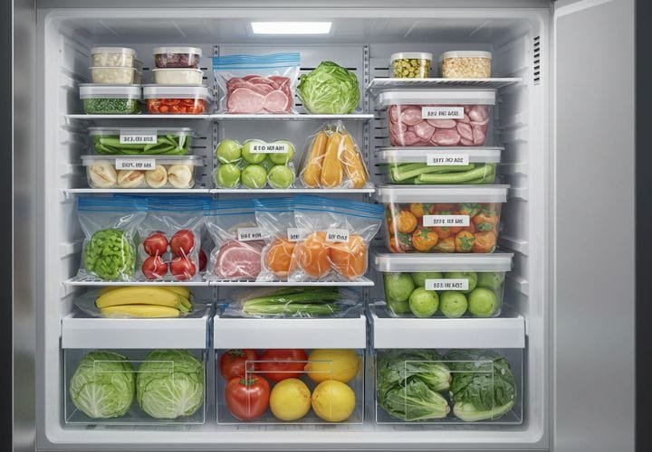 Freezer organized with vacuum-sealed bags, airtight containers, and neatly labeled packages of food.