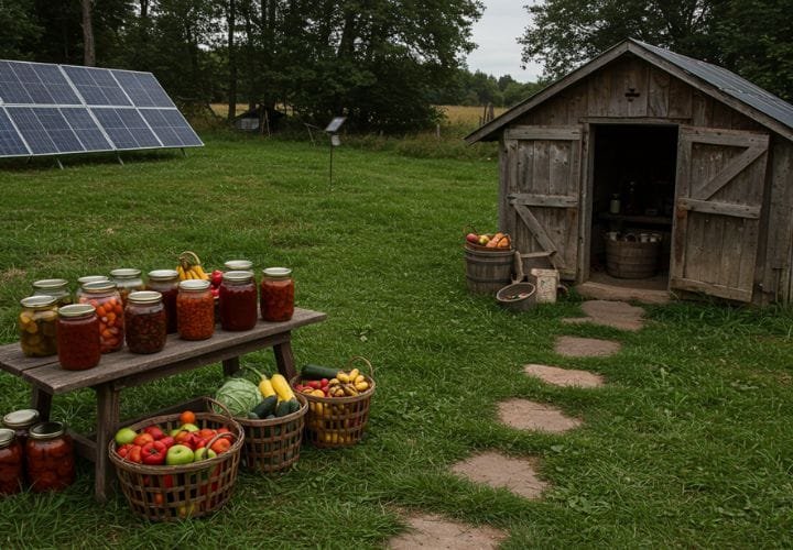 off-grid homestead with a root cellar, baskets of produce, jars of preserved food, and solar panels in the background.