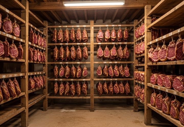 Well-organized storage room displaying various preserved meats with proper ventilation and spacing