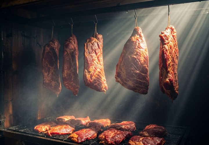 Sunbeams illuminating smoking meat hanging in traditional wooden smokehouse