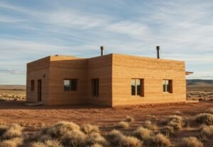 A rammed earth house with thick, earthy-toned walls, large windows, and a minimalist design, showcasing sustainable and fire-resistant construction.