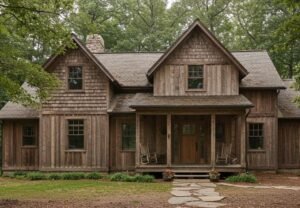 A reclaimed wood house with rustic walls, exposed beams, and a natural setting, highlighting sustainable construction and material reuse.