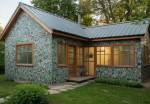 A house with colorful recycled glass tiles on the walls and large windows, surrounded by natural greenery, emphasizing modern sustainable building.