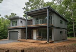 A modern recycled steel house with a sleek design, large windows, and a metal roof, highlighting sustainable and long-lasting building materials.