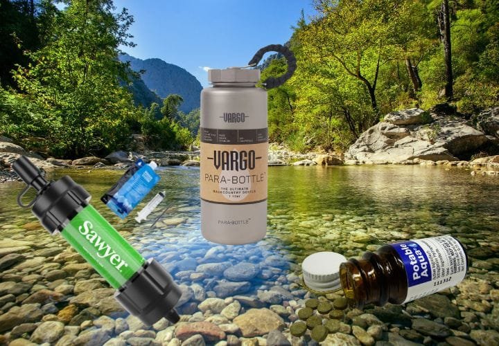 Image showcasing three water purification solutions: Potable Aqua purification tablets, the Sawyer Mini Water Filtration System, and the Vargo Para-Bottle. Each product is designed for emergency preparedness, offering unique methods to make water safe for consumption.
