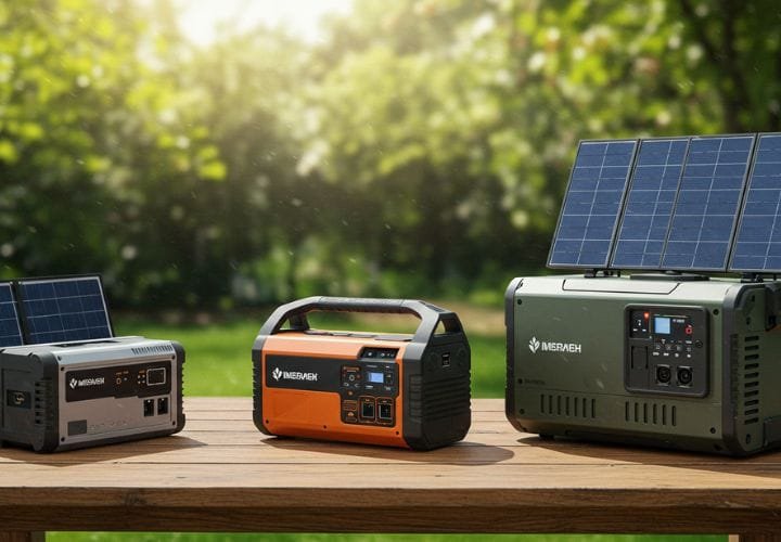Three solar generators side by side: a portable camping generator with foldable panels, a medium-sized home backup generator, and a large industrial-grade off-grid generator, set outdoors with sunlight and greenery in the background."Se precisar de mais ajustes, é só avisar
