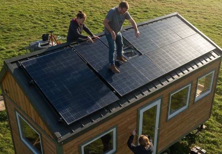 Ecovillage residents installing solar panels on a small eco-friendly home to generate clean energy.