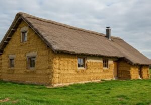 A straw bale house with plastered walls, surrounded by grassy fields, emphasizing its natural insulation and sustainable construction.