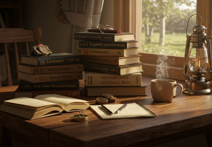 Essential books organized on a sunlit wooden table, covering reading, mathematics, science, history, and practical skills for self-sufficiency.