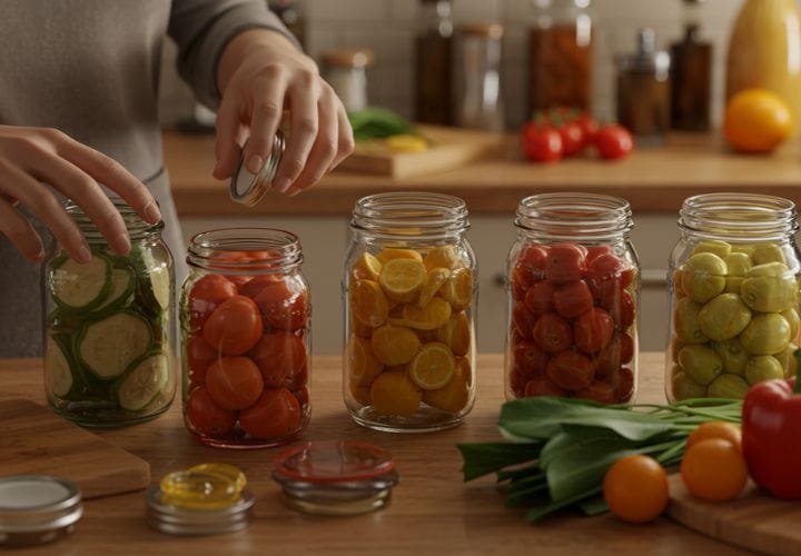 kitchen with jars being sterilized in boiling water, fresh fruits and vegetables, and a person sealing jars.