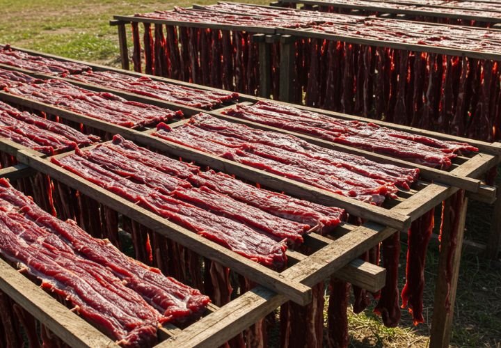 Thin strips of meat drying on traditional wooden racks with natural sunlight