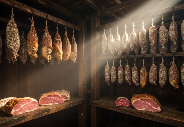 Sunlight beams cutting through smoke in traditional wooden smokehouse with hanging preserved meats