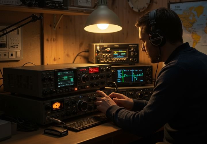 A ham radio operator in a well-equipped radio shack, adjusting a transceiver and monitoring frequencies on multiple screens.