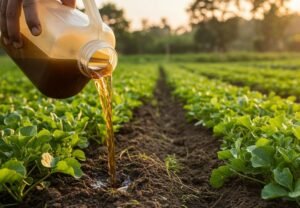 A farmer pouring liquid biofertilizer onto green plants in a garden, demonstrating its nutrient-rich composition and impact on plant growth.