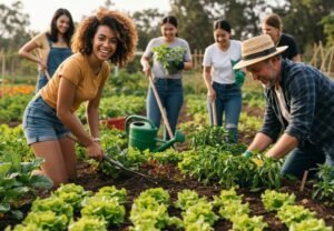 People collaborating in a community garden, planting vegetables, sharing tools, and exchanging ideas in a vibrant and sustainable setting.