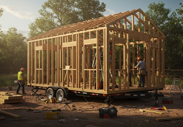 Wood-framed tiny house under construction on a trailer with workers
