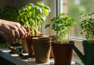 Small herb pots on a sunny windowsill, showcasing the simplicity of homesteading for beginners.
