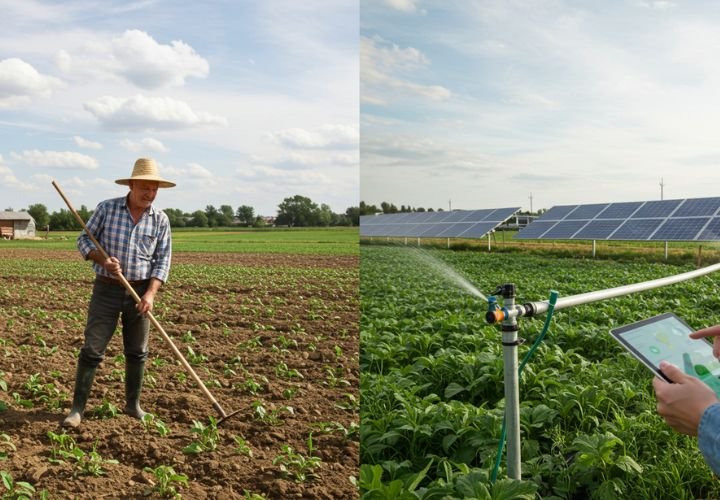 Illustration of the evolution of homesteading with a traditional farmer in a field alongside modern technologies like solar panels and smart irrigation.