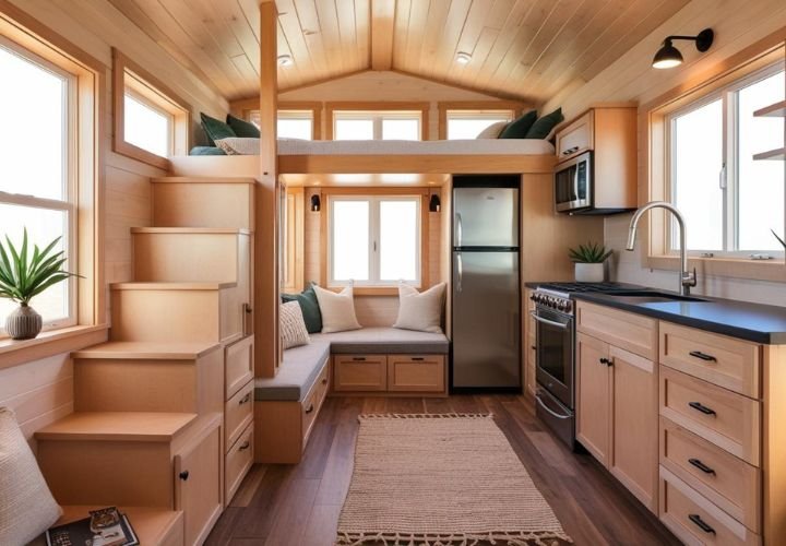 Interior view of a tiny house with a loft, compact kitchen, and built-in furniture