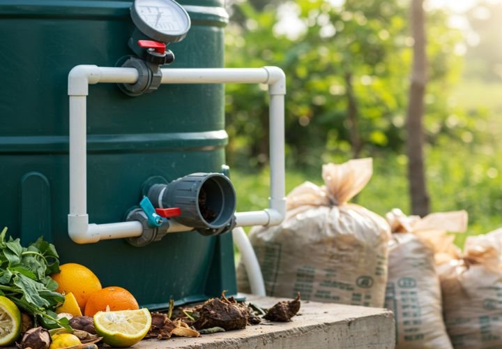 Close-up of a biodigesters system connected to PVC pipes, with biogas storage bags and organic waste inputs, set against a green, sustainable outdoor environment.