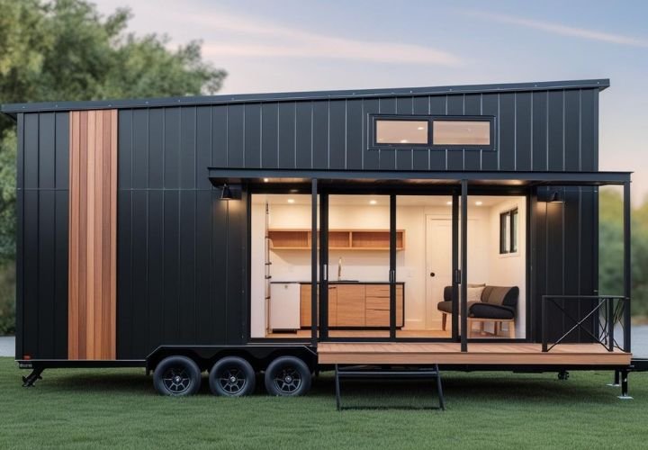 Modern tiny house featuring black metal siding and wooden details on a front deck