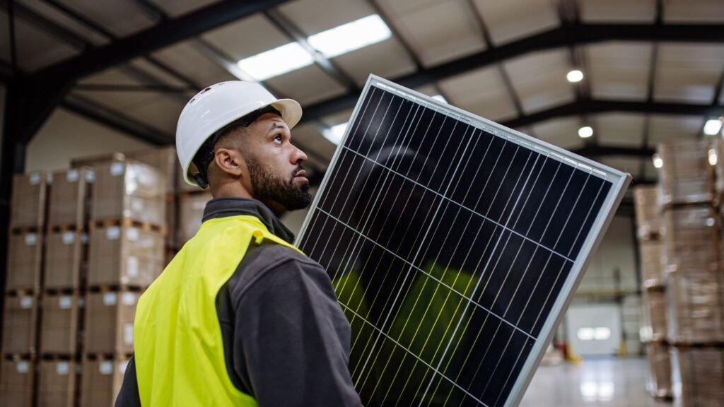 A solar panel array in a sunlit, remote area with clear skies, demonstrating its efficiency as a renewable energy source for off-grid locations.