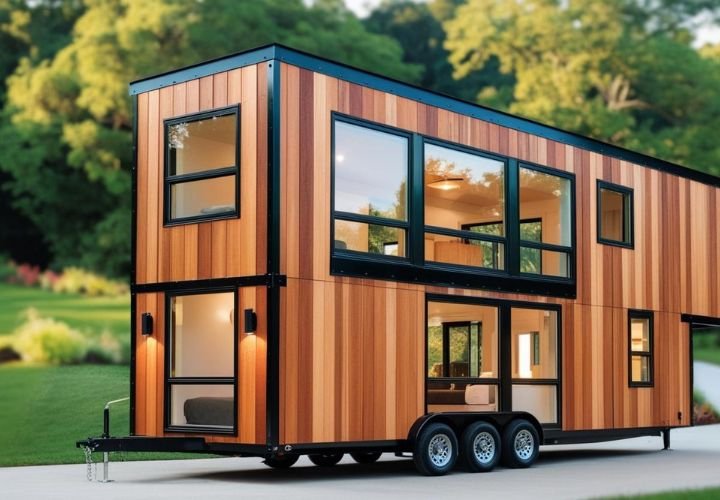 "Contemporary two-story tiny house with expansive glass windows and mixed materials"