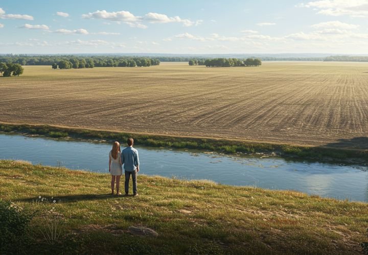A man and a woman standing at the edge of a large agricultural field without crops, gazing at the open land with a winding river and scattered trees in the background under a clear blue sky.